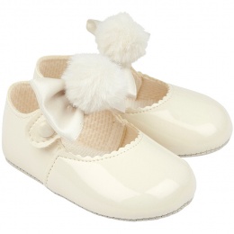 Baby Girls Ivory Pom Pom Bow Patent Pram Shoes